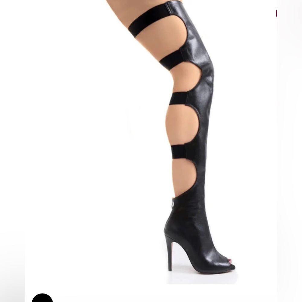 Burju Letto Boot - By Aliya Janell - Black Open Toe Sexy Cut Out Thigh High Boot